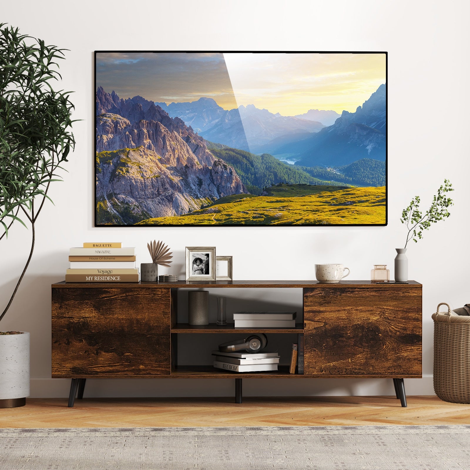 TV Stand with Power Outlets and Adjustable Shelf for 60 Inch TVs, Rustic Brown Entertainment Centers & TV Stands at Gallery Canada
