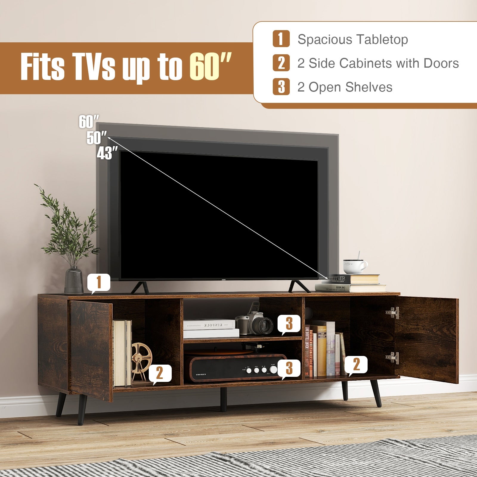 TV Stand with Power Outlets and Adjustable Shelf for 60 Inch TVs, Rustic Brown Entertainment Centers & TV Stands at Gallery Canada