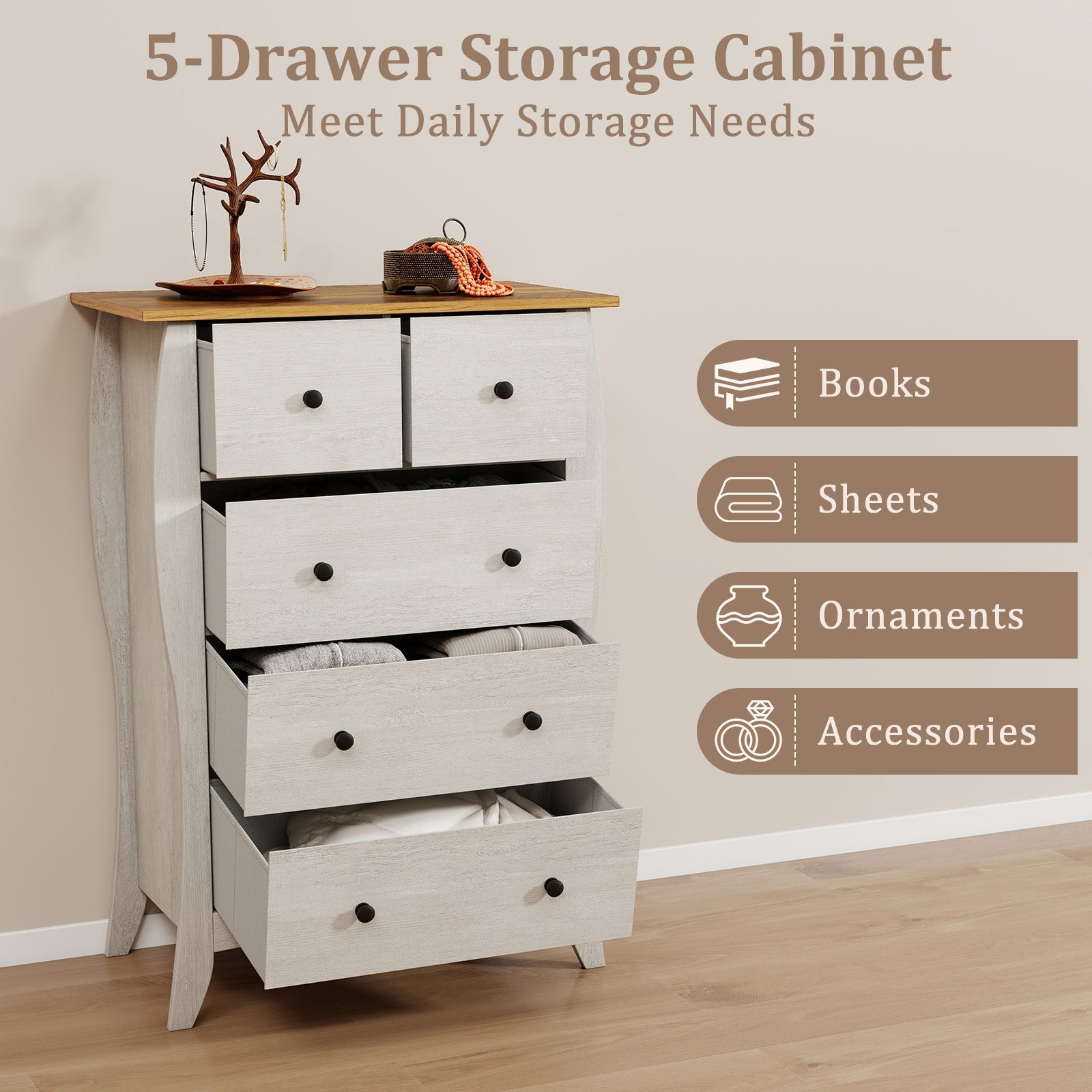 Closet Storage Organizer with 5 Folding Fabric Drawers and Anti-tipping Kit, Gray Nightstands at Gallery Canada