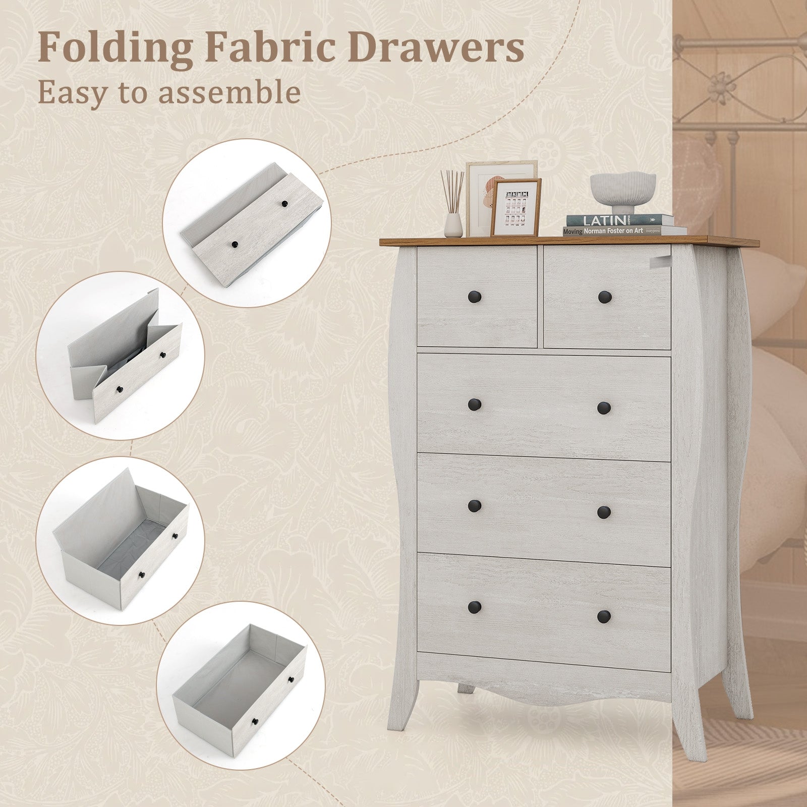 Closet Storage Organizer with 5 Folding Fabric Drawers and Anti-tipping Kit, Gray Nightstands at Gallery Canada