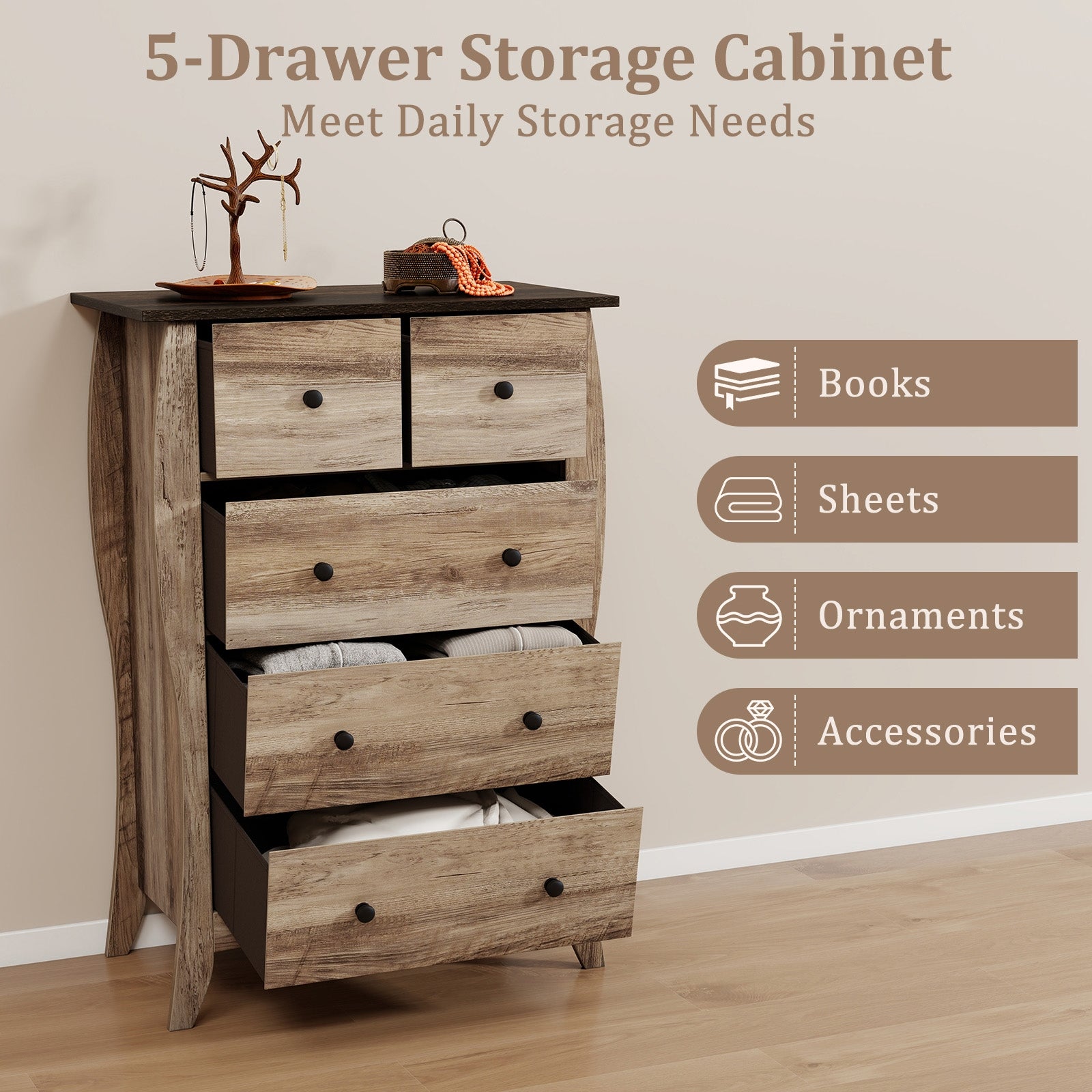 Closet Storage Organizer with 5 Folding Fabric Drawers and Anti-tipping Kit, Brown Nightstands at Gallery Canada