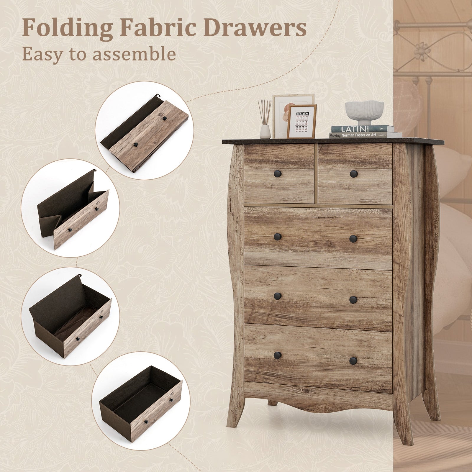 Closet Storage Organizer with 5 Folding Fabric Drawers and Anti-tipping Kit, Brown Nightstands at Gallery Canada