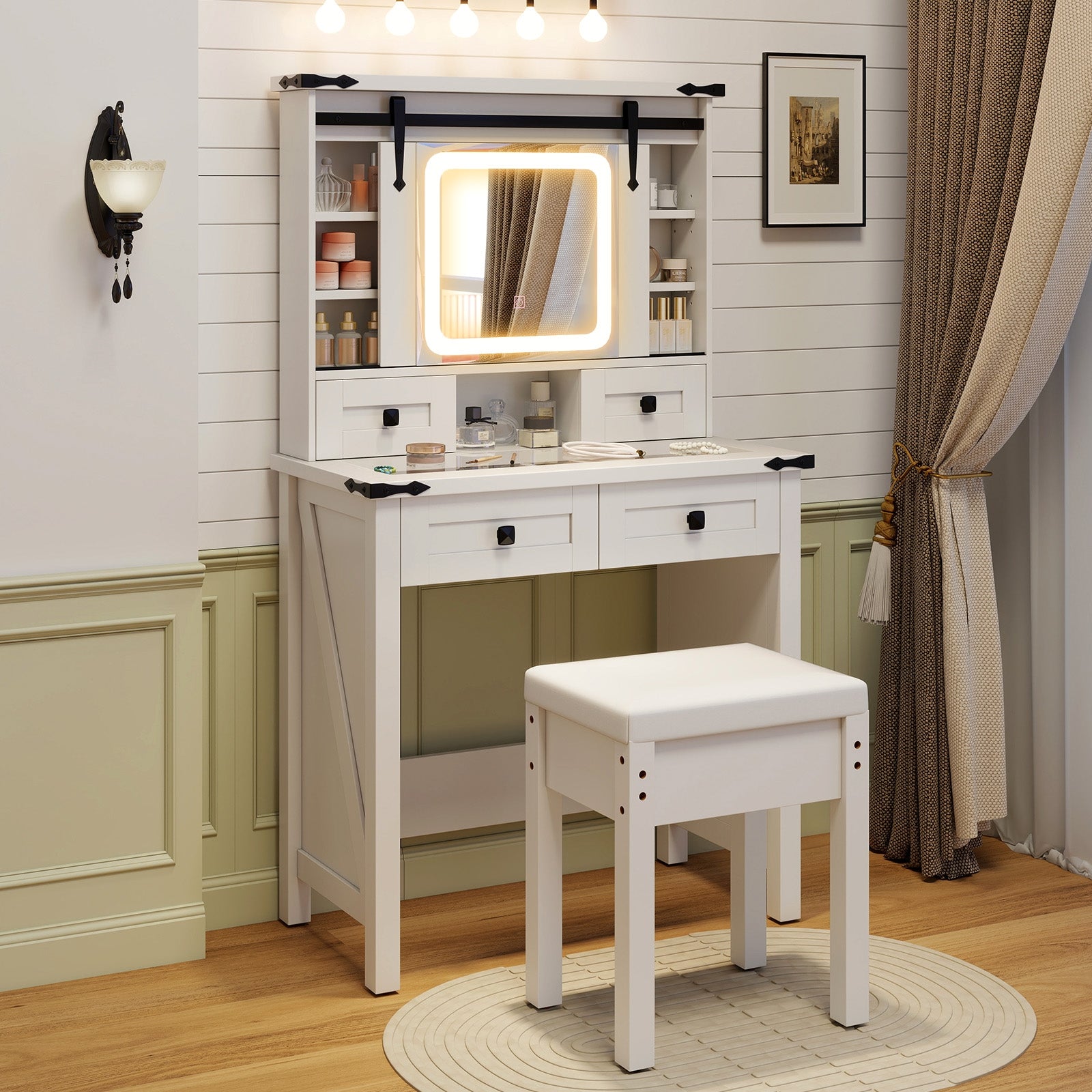 Makeup Vanity Desk with Mirror and Adjustable Storage Shelves, White Makeup Vanities at Gallery Canada