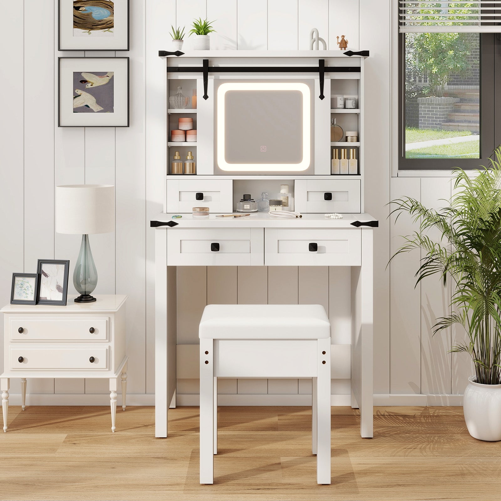 Makeup Vanity Desk with Mirror and Adjustable Storage Shelves, White Makeup Vanities at Gallery Canada