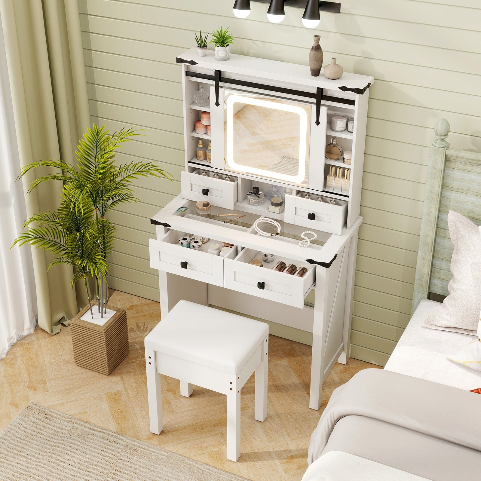 Makeup Vanity Desk with Mirror and Adjustable Storage Shelves, White Makeup Vanities at Gallery Canada