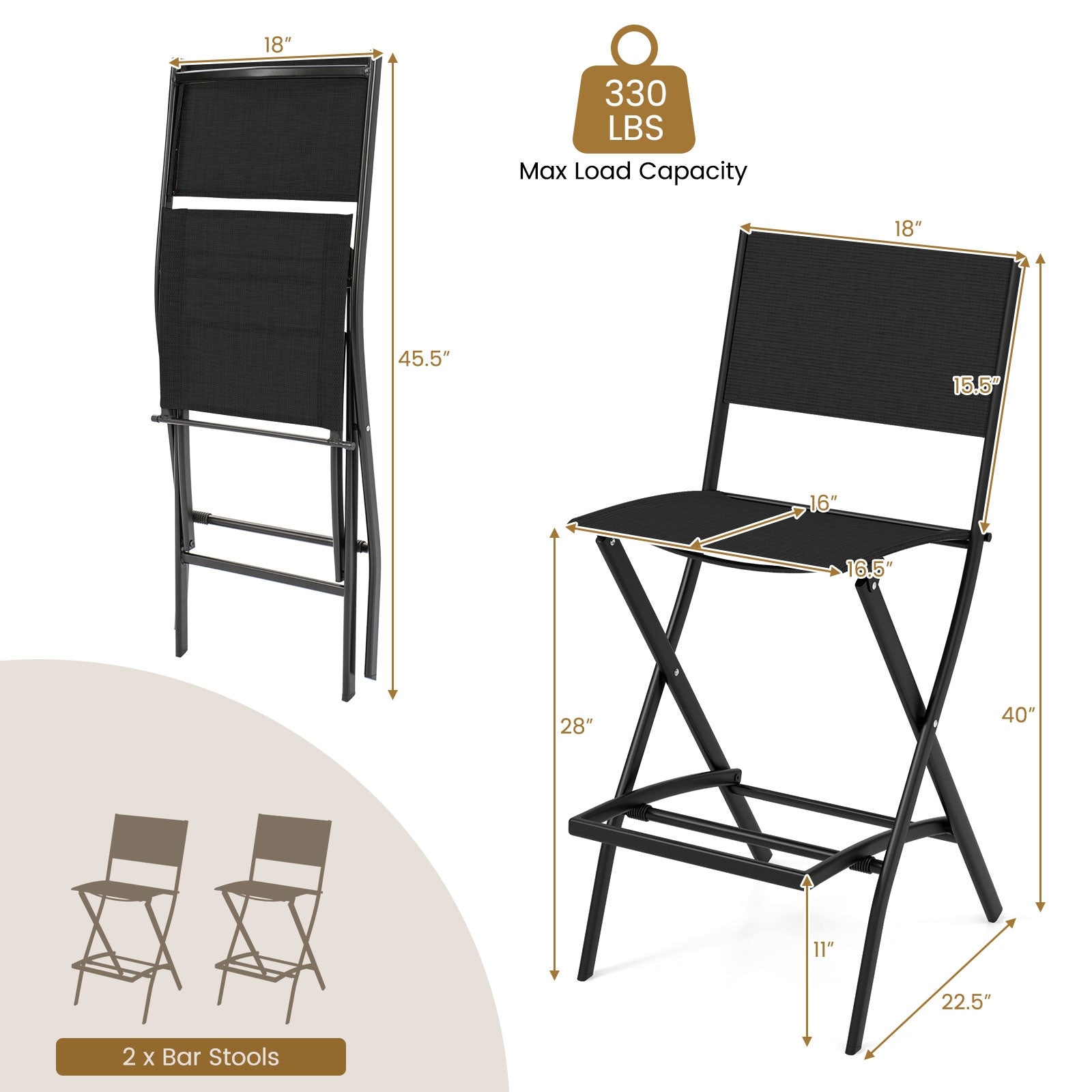 Folding Bar Stools Set of 2 Backrest Humanized Footrest, Black Patio Bar Furniture at Gallery Canada