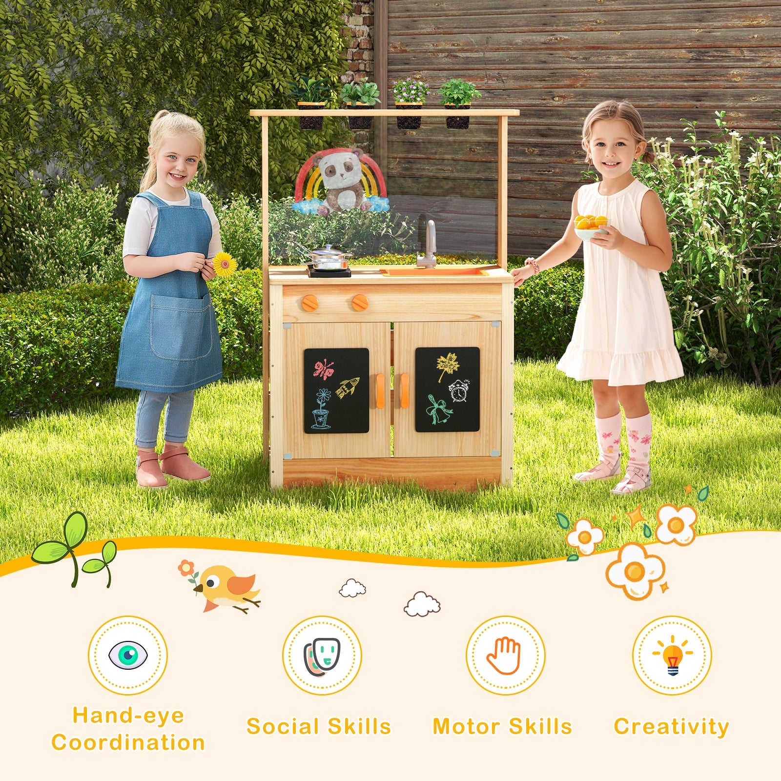 Kids Mud Kitchen Fir Wood Playset with Planting Pots and Blackboards, Natural Play Kitchen Sets at Gallery Canada