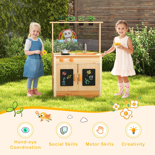 Kids Mud Kitchen Fir Wood Playset with Planting Pots and Blackboards, Natural Play Kitchen Sets Natural at Gallery Canada