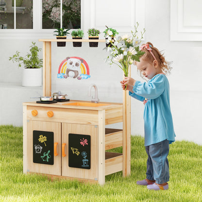 Kids Mud Kitchen Fir Wood Playset with Planting Pots and Blackboards, Natural Play Kitchen Sets at Gallery Canada