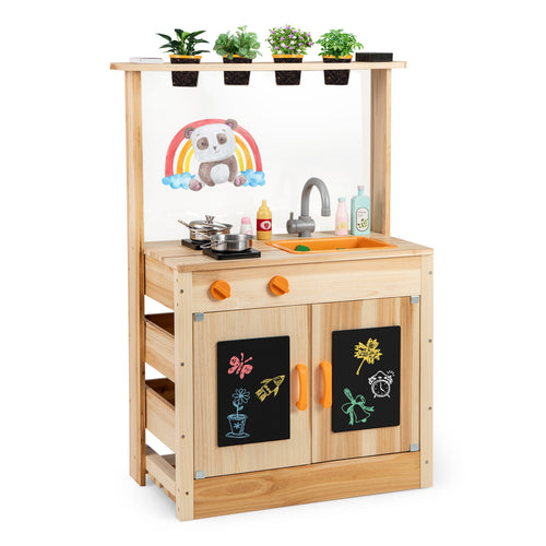 Kids Mud Kitchen Fir Wood Playset with Planting Pots and Blackboards, Natural