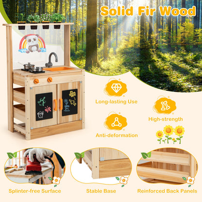 Kids Mud Kitchen Fir Wood Playset with Planting Pots and Blackboards, Natural Play Kitchen Sets at Gallery Canada