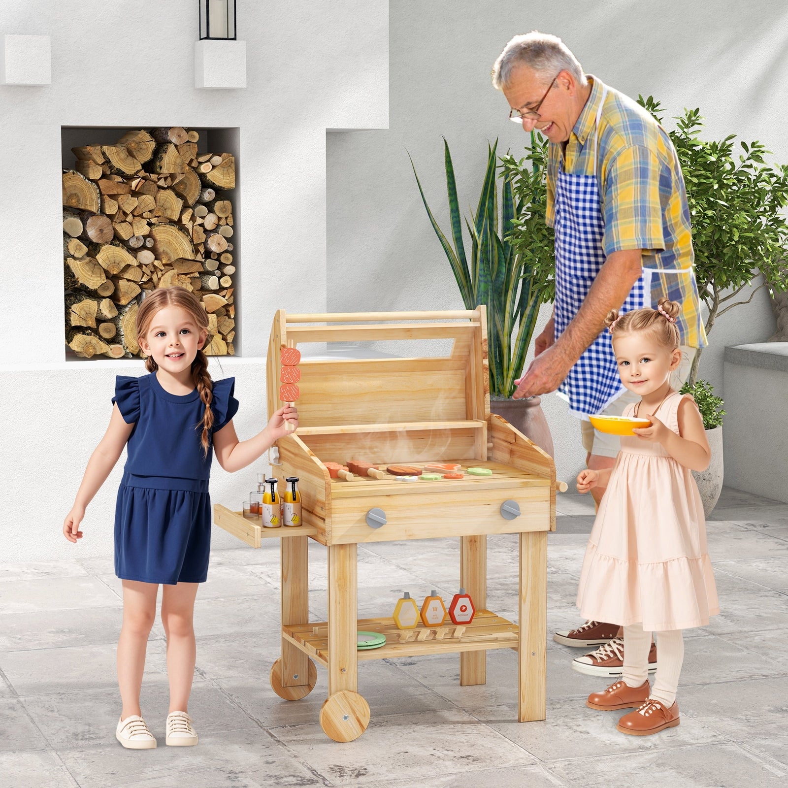 Kids Wooden Barbecue Grill Playset Pretend Kitchen with Food and Wheels, Natural Play Kitchen Sets at Gallery Canada