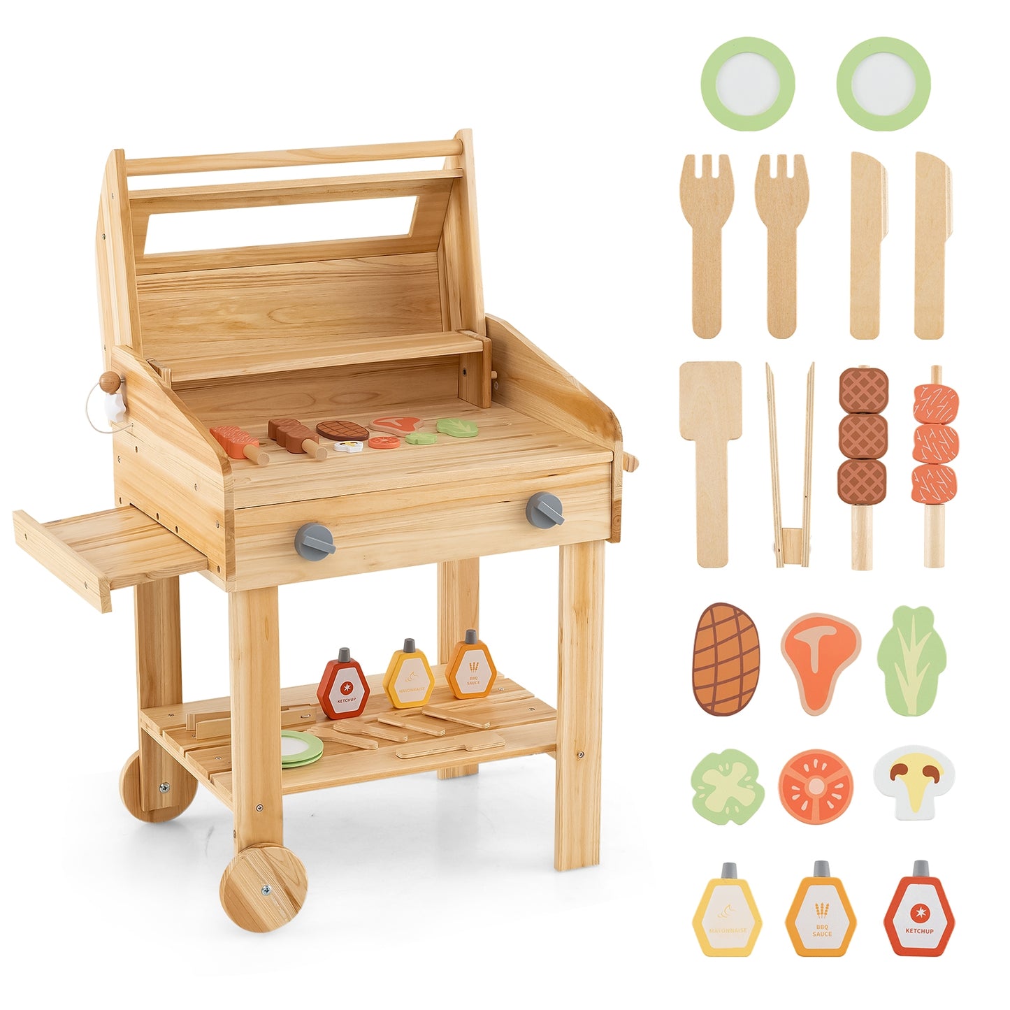 Kids Wooden Barbecue Grill Playset Pretend Kitchen with Food and Wheels, Natural Play Kitchen Sets Natural at Gallery Canada