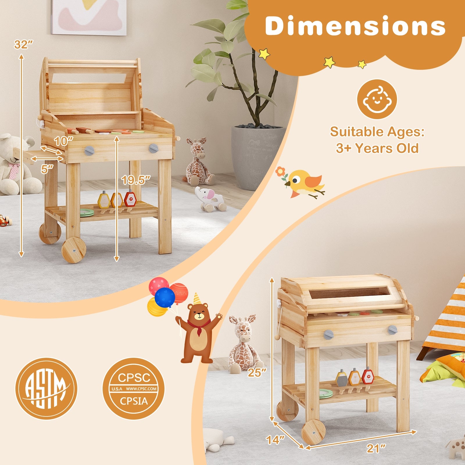 Kids Wooden Barbecue Grill Playset Pretend Kitchen with Food and Wheels, Natural Play Kitchen Sets at Gallery Canada