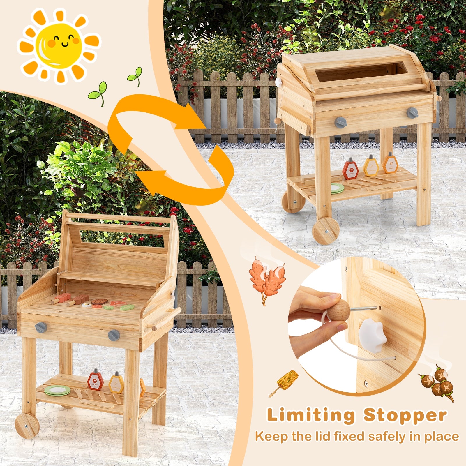 Kids Wooden Barbecue Grill Playset Pretend Kitchen with Food and Wheels, Natural Play Kitchen Sets at Gallery Canada