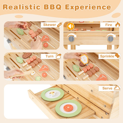 Kids Wooden Barbecue Grill Playset Pretend Kitchen with Food and Wheels, Natural Play Kitchen Sets at Gallery Canada