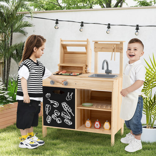 Wooden Barbecue Grill Playset with Chalkboard and Sink and Cabinet, Natural