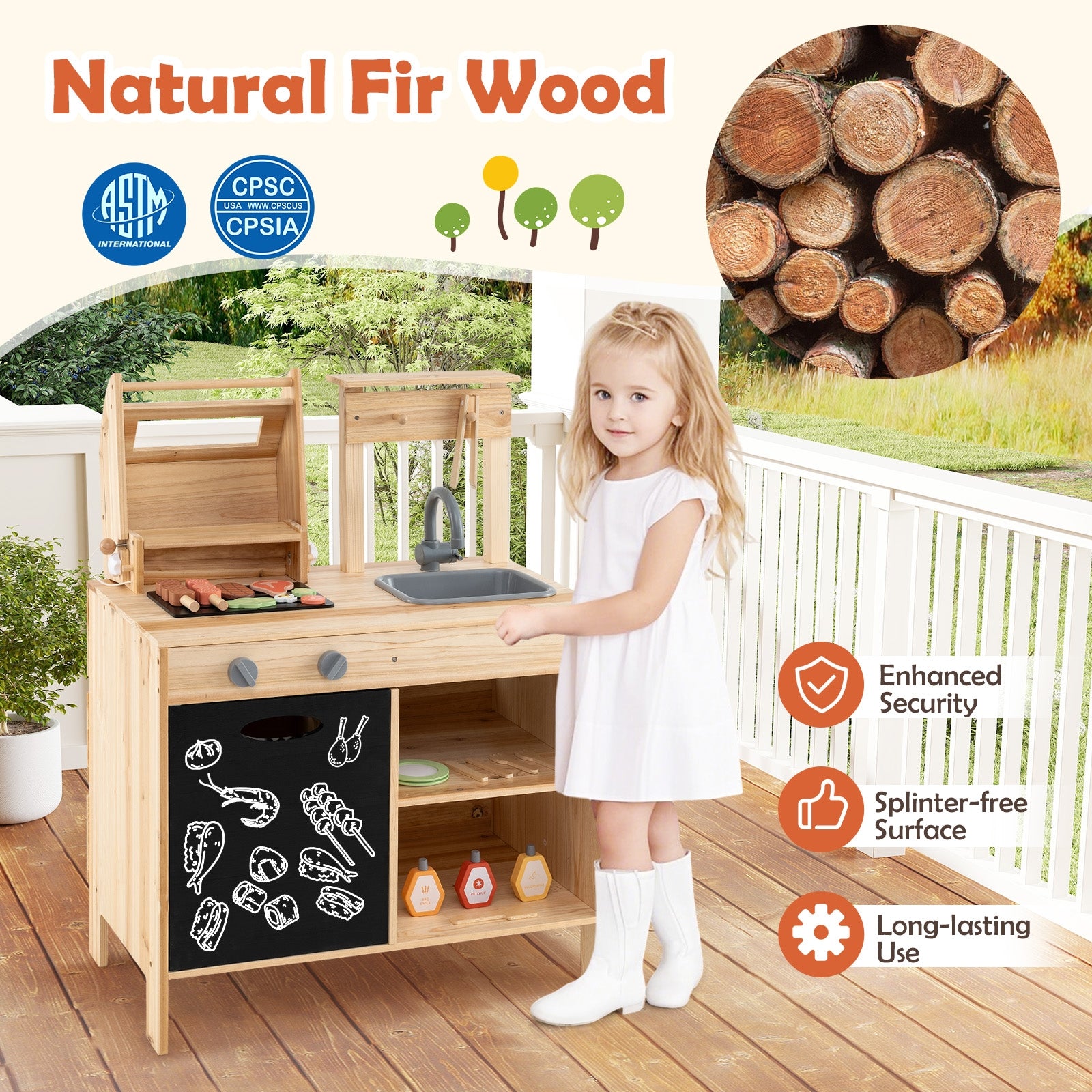 Wooden Barbecue Grill Playset with Chalkboard and Sink and Cabinet, Natural Play Kitchen Sets at Gallery Canada