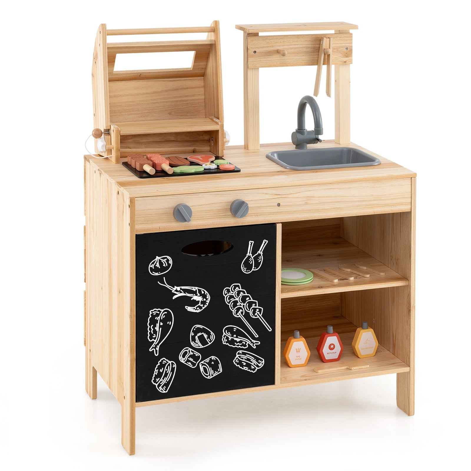 Wooden Barbecue Grill Playset with Chalkboard and Sink and Cabinet, Natural Play Kitchen Sets Natural at Gallery Canada