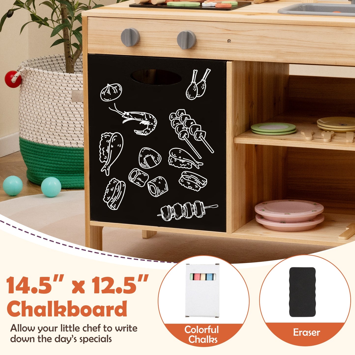 Wooden Barbecue Grill Playset with Chalkboard and Sink and Cabinet, Natural Play Kitchen Sets at Gallery Canada