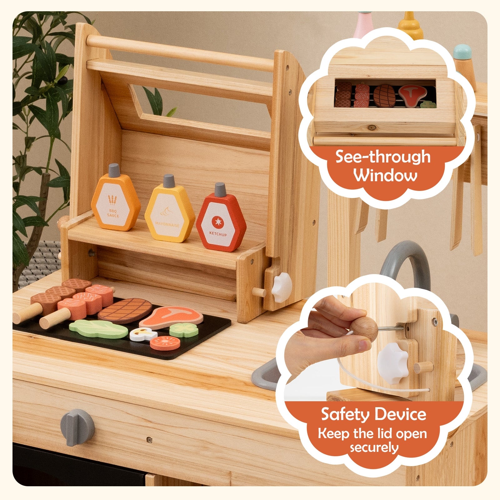 Wooden Barbecue Grill Playset with Chalkboard and Sink and Cabinet, Natural Play Kitchen Sets at Gallery Canada