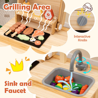 Wooden Barbecue Grill Playset with Chalkboard and Sink and Cabinet, Natural Play Kitchen Sets at Gallery Canada