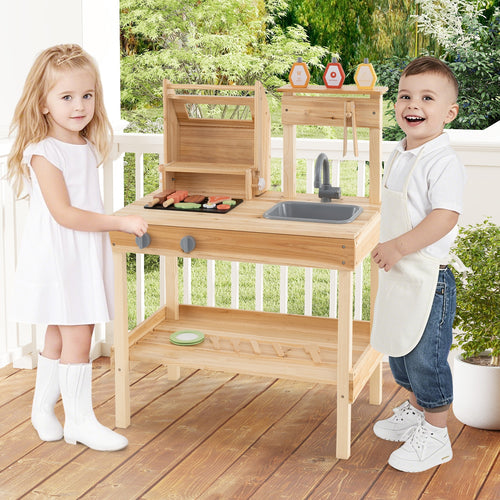 Wooden Barbecue Grill Playset with Play Food and Open Shelves, Natural