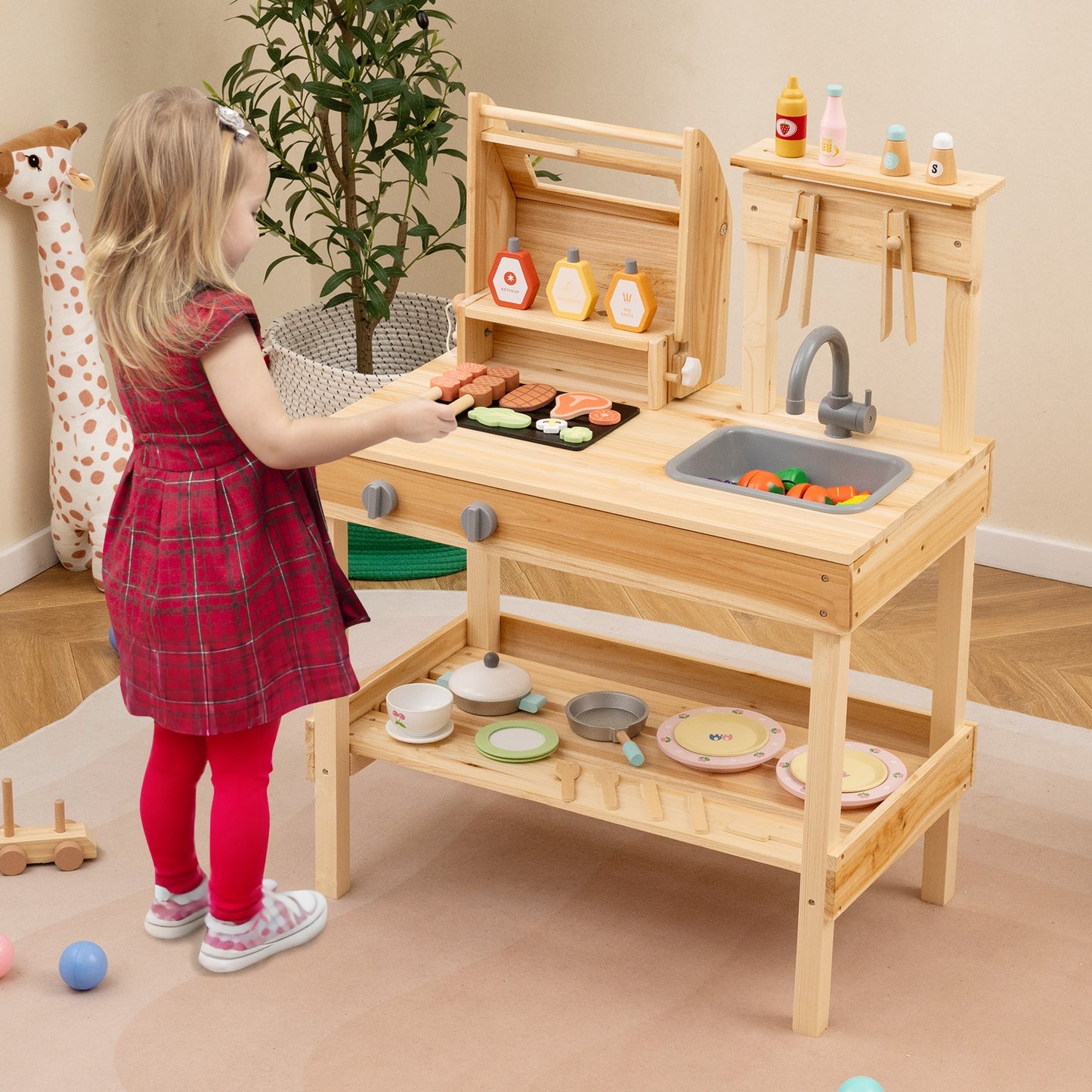 Wooden Barbecue Grill Playset with Play Food and Open Shelves, Natural Play Kitchen Sets at Gallery Canada