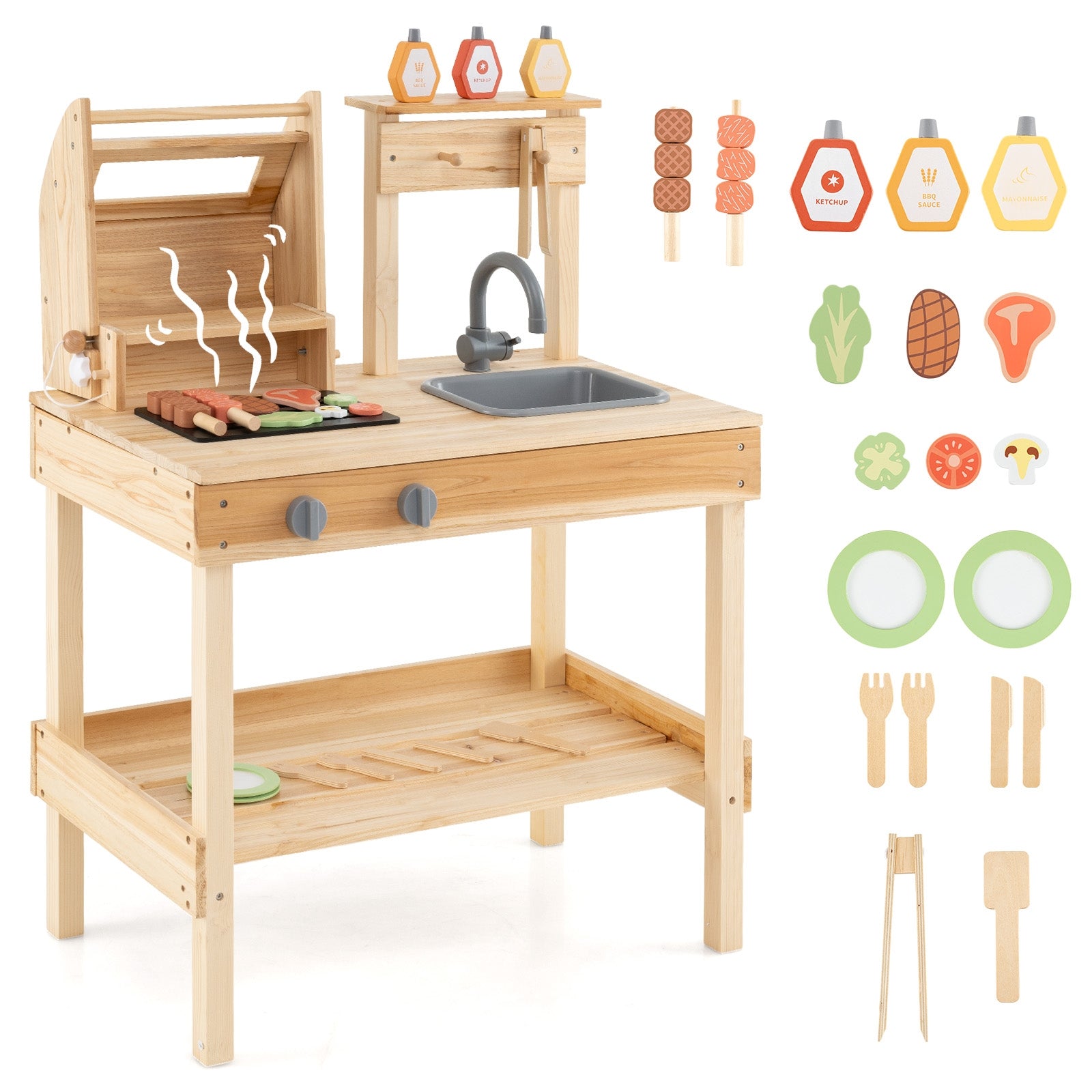 Wooden Barbecue Grill Playset with Play Food and Open Shelves, Natural Play Kitchen Sets at Gallery Canada