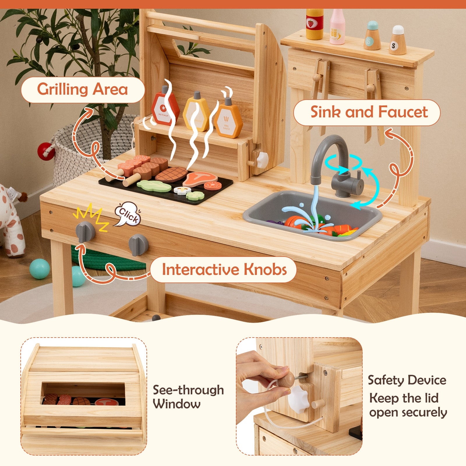 Wooden Barbecue Grill Playset with Play Food and Open Shelves, Natural Play Kitchen Sets at Gallery Canada