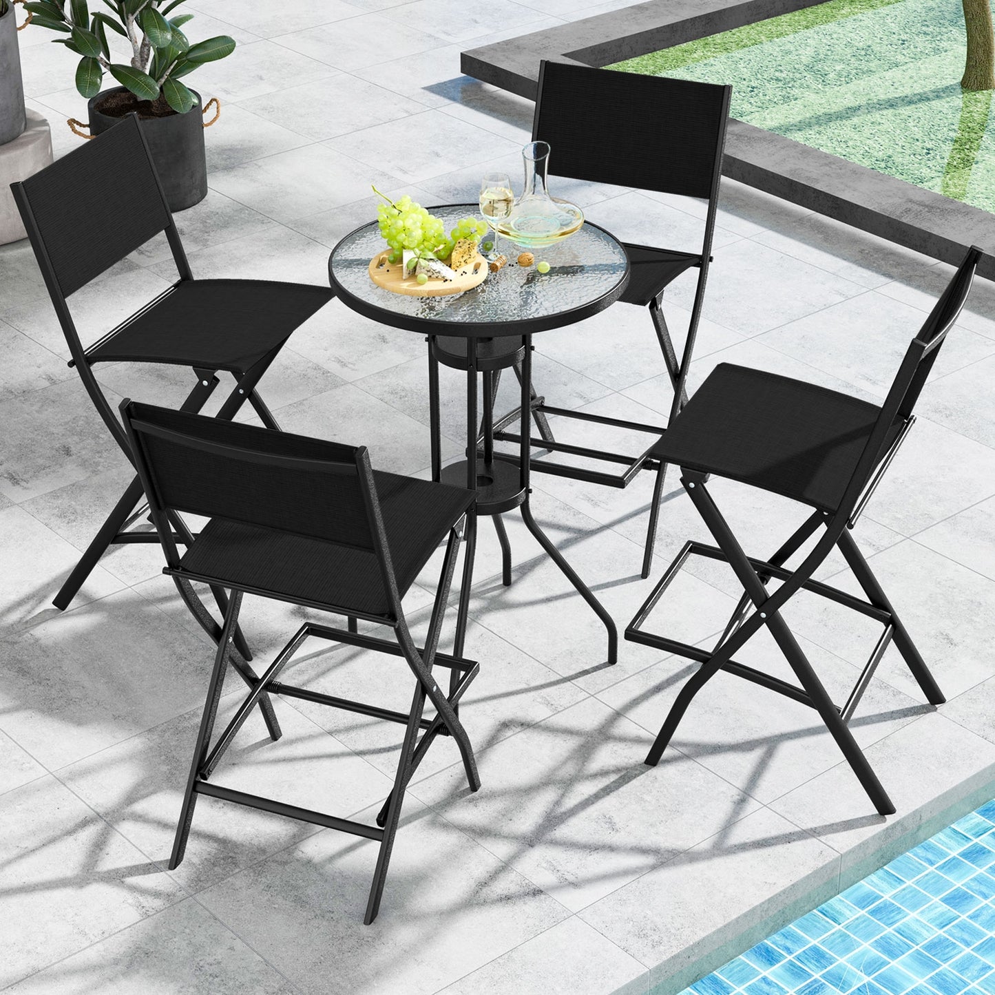 Outdoor Folding Bar Height Stool Set of 4 with Metal Frame and Footrest, Black Patio Bar Furniture at Gallery Canada