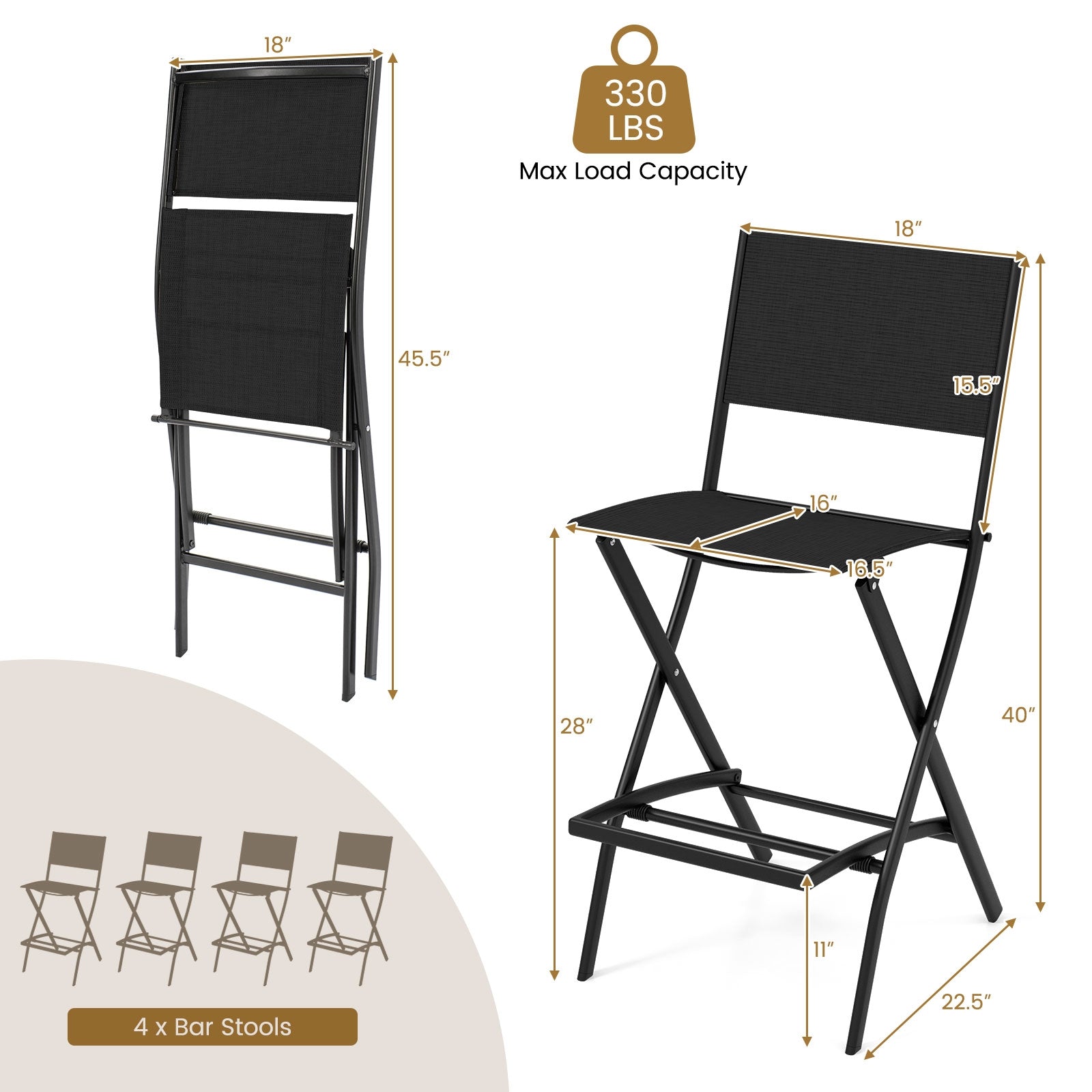 Outdoor Folding Bar Height Stool Set of 4 with Metal Frame and Footrest, Black Patio Bar Furniture at Gallery Canada