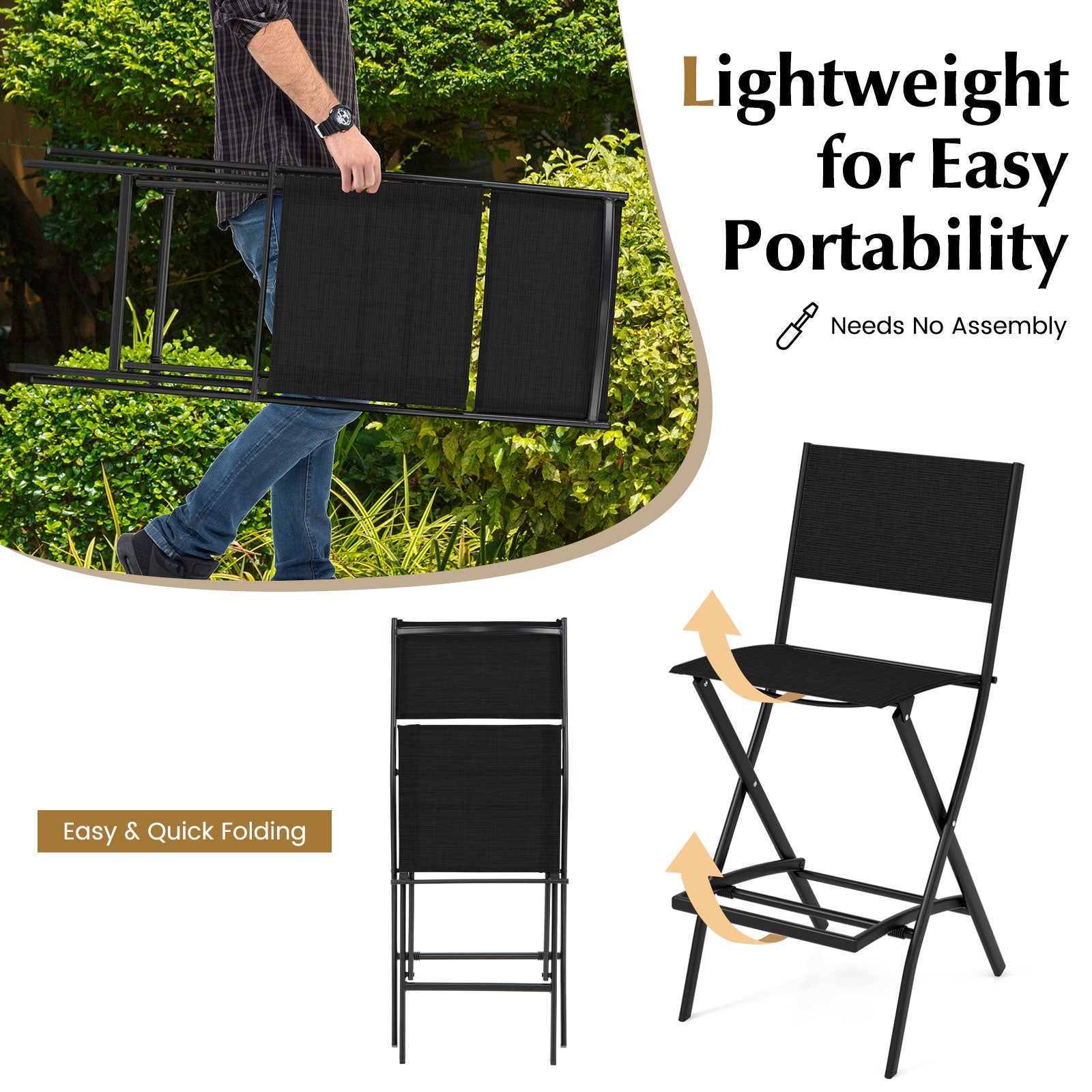 Outdoor Folding Bar Height Stool Set of 4 with Metal Frame and Footrest, Black Patio Bar Furniture at Gallery Canada