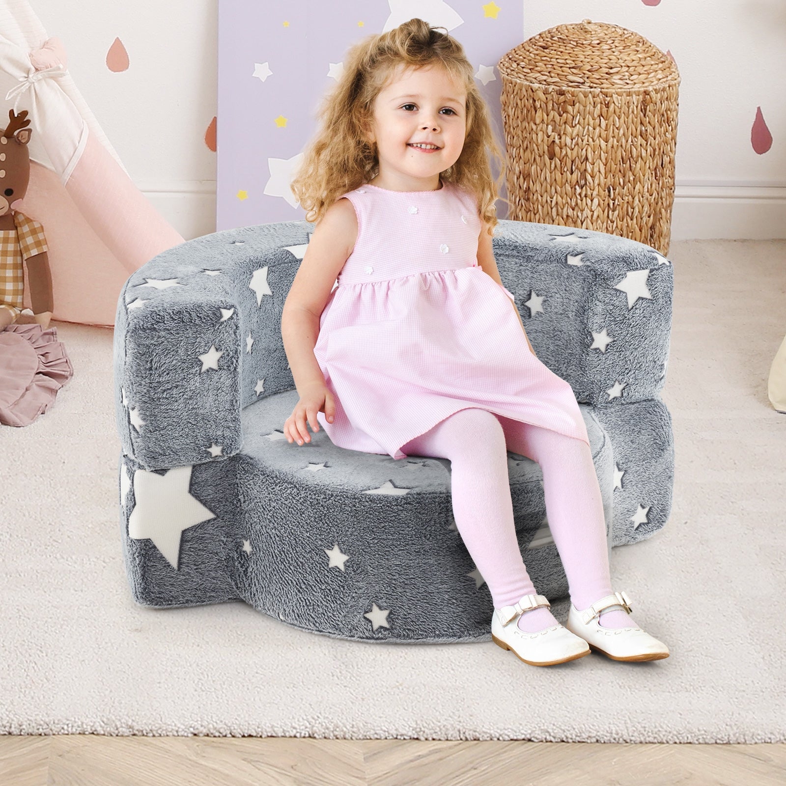 2-in-1 Convertible Glow in the Dark Kids Sofa with Removable Washable Cover, Gray Kids Chairs & Seating at Gallery Canada