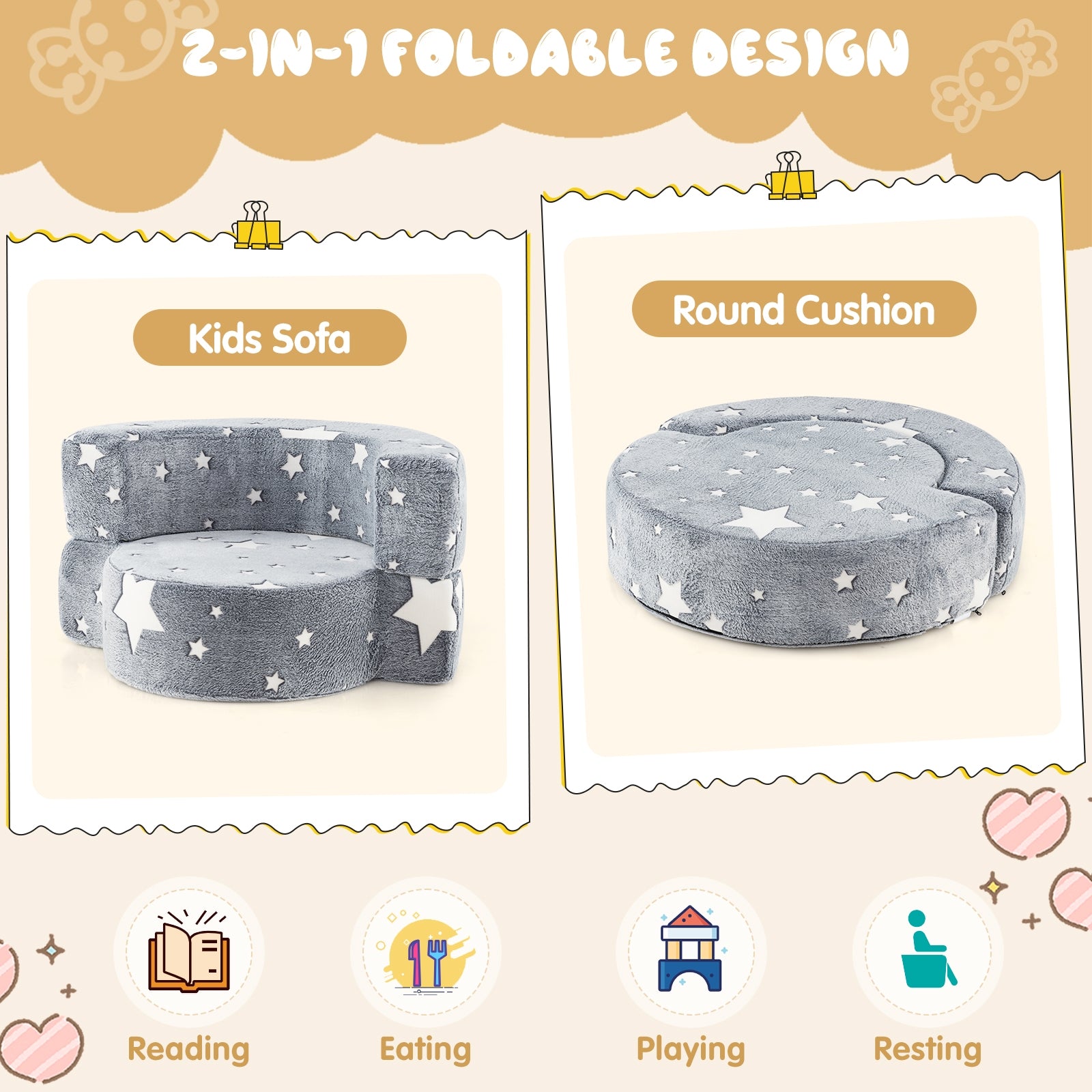 2-in-1 Convertible Glow in the Dark Kids Sofa with Removable Washable Cover, Gray Kids Chairs & Seating at Gallery Canada