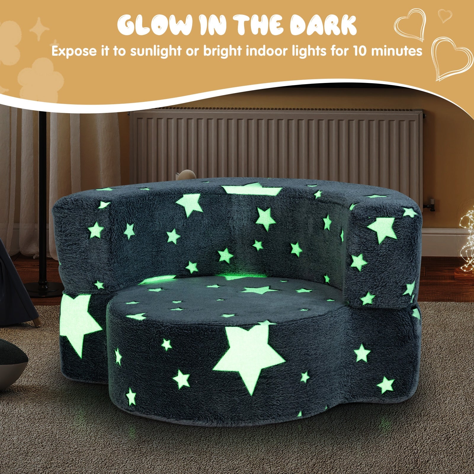 2-in-1 Convertible Glow in the Dark Kids Sofa with Removable Washable Cover, Gray Kids Chairs & Seating at Gallery Canada