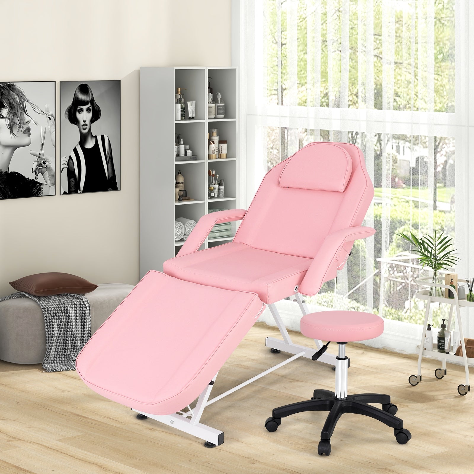 73 Inch Facial Chair Set with Removable Headrest Detachable Armrests and Towel Rack, Pink Spa & Salon at Gallery Canada
