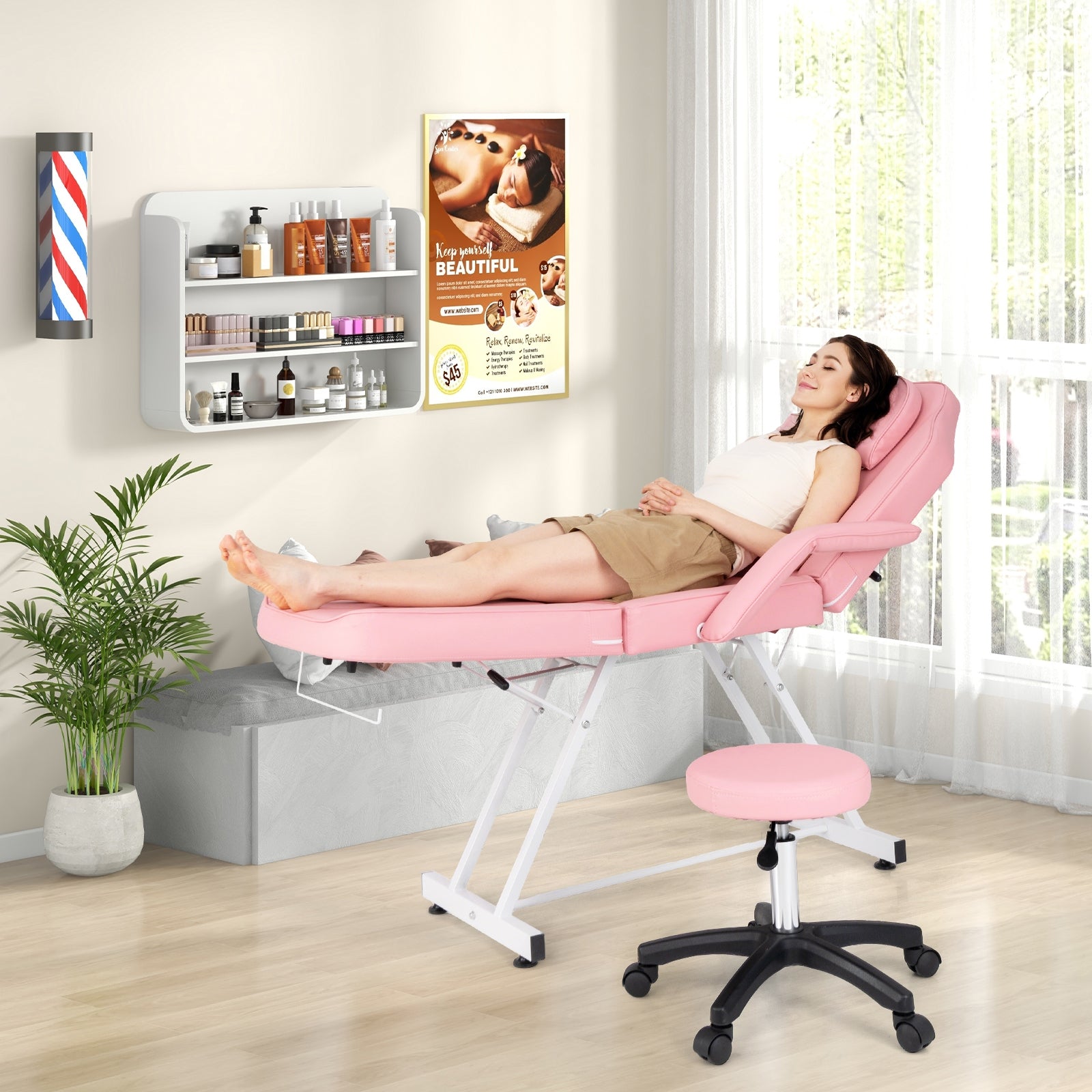73 Inch Facial Chair Set with Removable Headrest Detachable Armrests and Towel Rack, Pink Spa & Salon at Gallery Canada