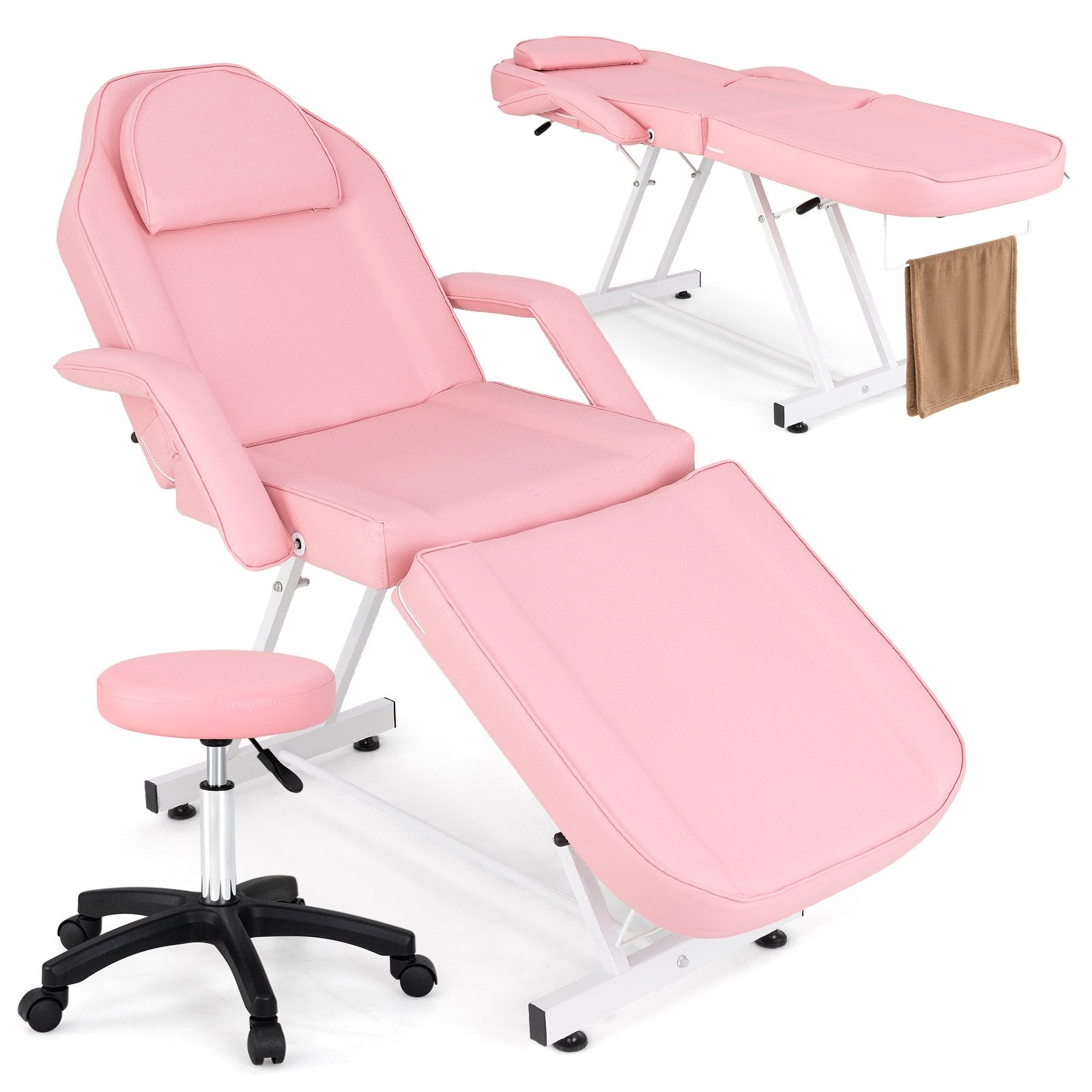 73 Inch Facial Chair Set with Removable Headrest Detachable Armrests and Towel Rack, Pink Spa & Salon Pink at Gallery Canada
