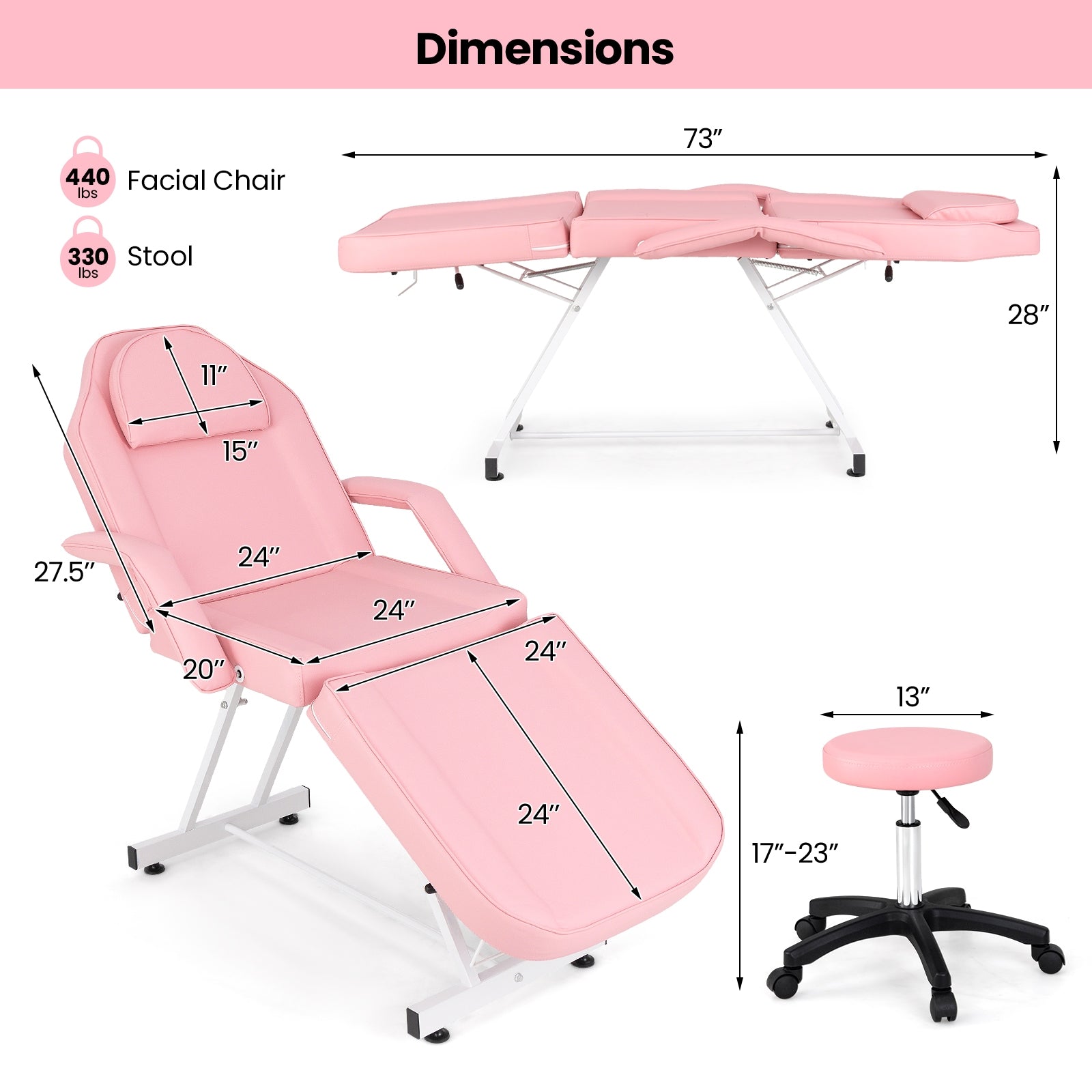 73 Inch Facial Chair Set with Removable Headrest Detachable Armrests and Towel Rack, Pink Spa & Salon at Gallery Canada