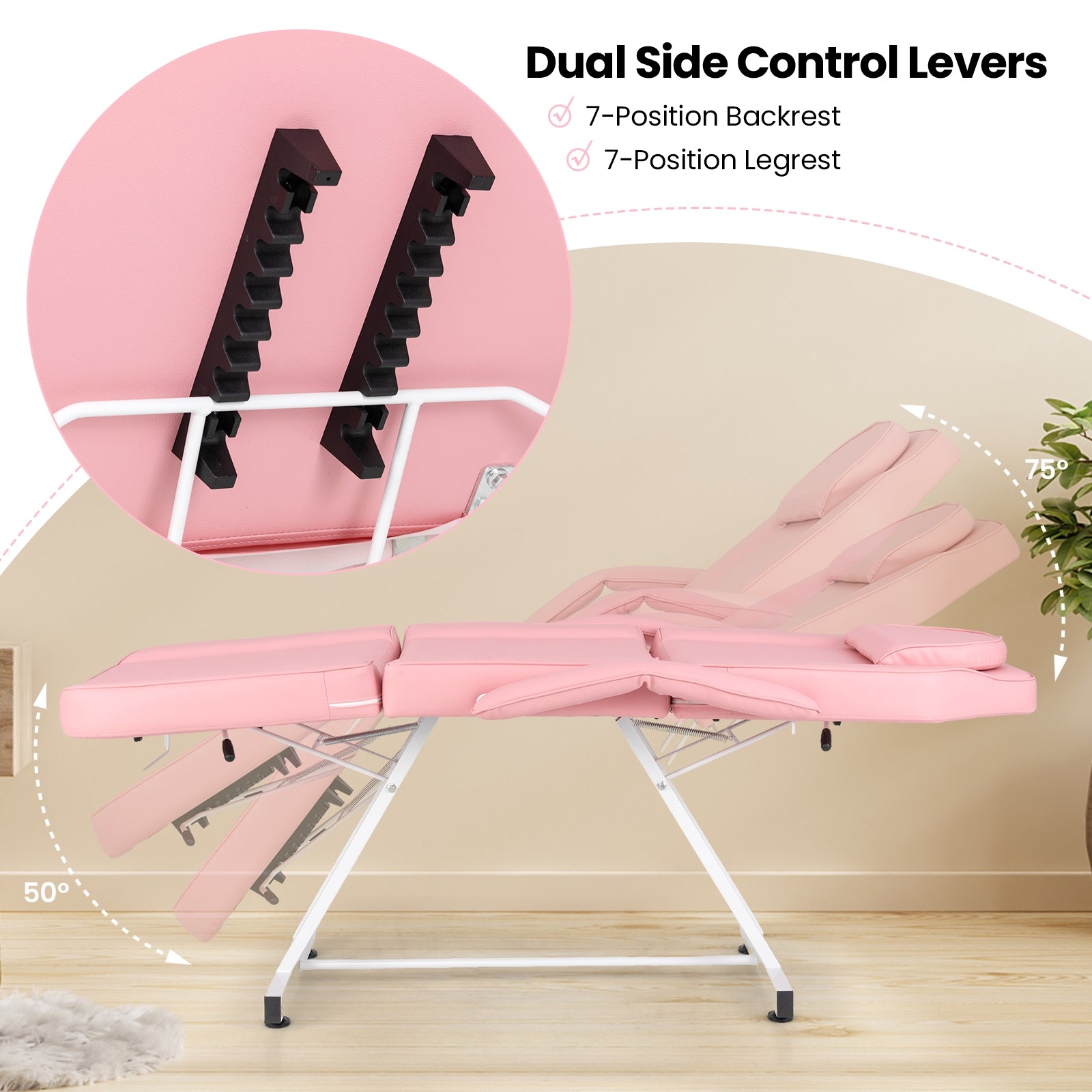 73 Inch Facial Chair Set with Removable Headrest Detachable Armrests and Towel Rack, Pink Spa & Salon at Gallery Canada
