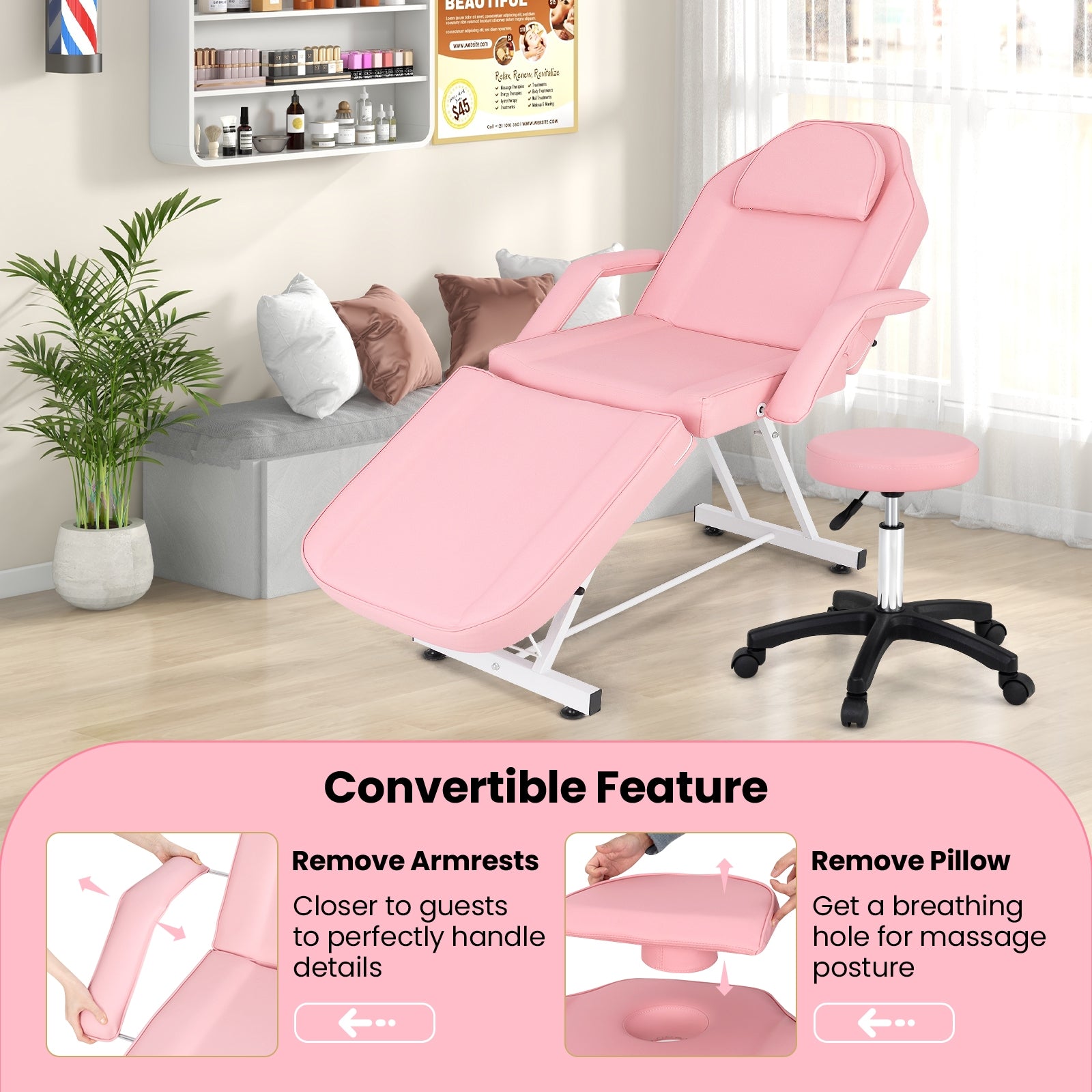 73 Inch Facial Chair Set with Removable Headrest Detachable Armrests and Towel Rack, Pink Spa & Salon at Gallery Canada