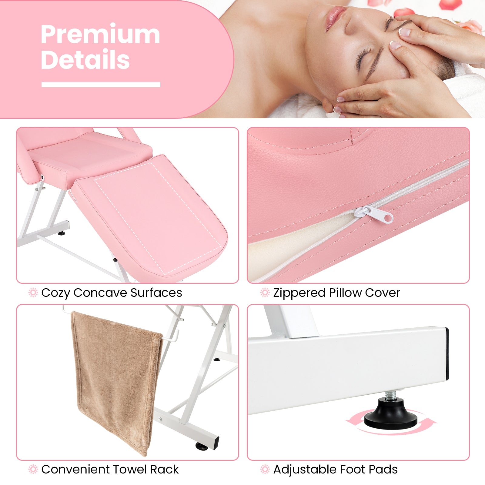 73 Inch Facial Chair Set with Removable Headrest Detachable Armrests and Towel Rack, Pink Spa & Salon at Gallery Canada