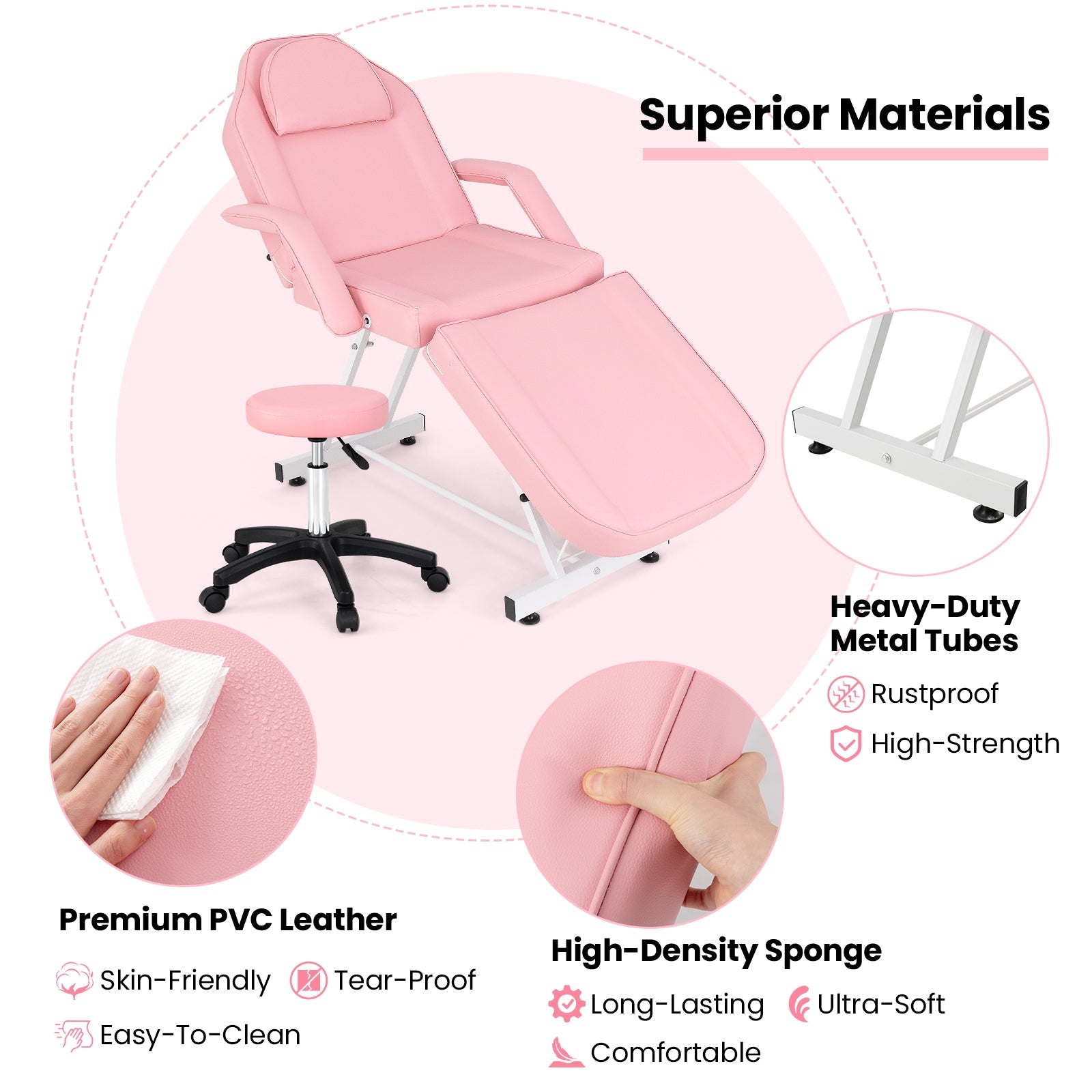 73 Inch Facial Chair Set with Removable Headrest Detachable Armrests and Towel Rack, Pink Spa & Salon at Gallery Canada