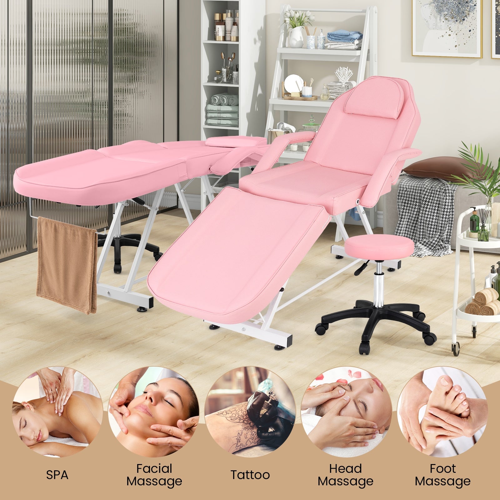 73 Inch Facial Chair Set with Removable Headrest Detachable Armrests and Towel Rack, Pink Spa & Salon at Gallery Canada