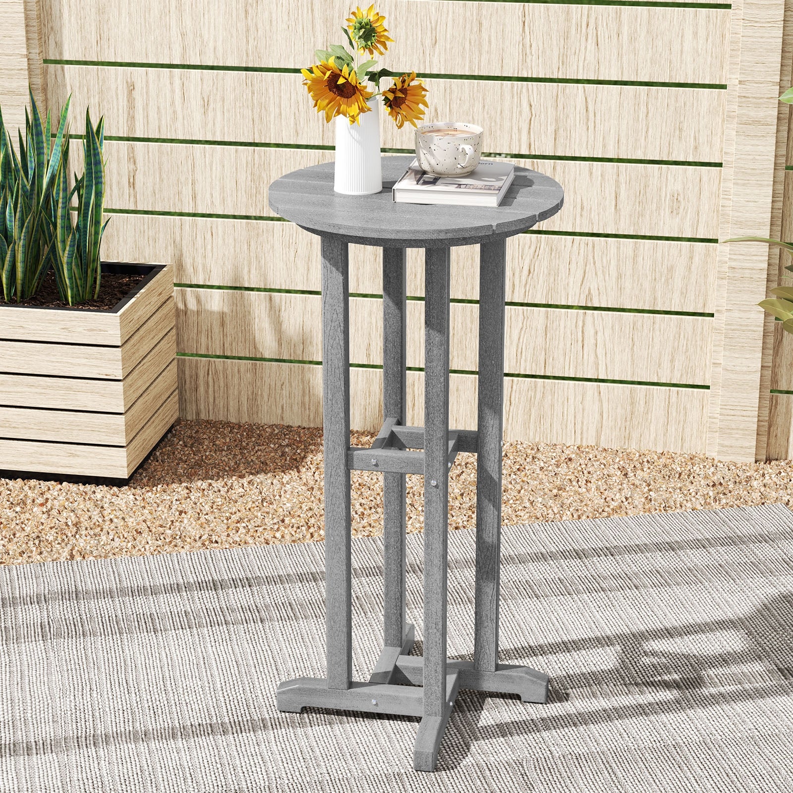 21.5 Inch Round Bar Table Patio HDPE Bar Height Dining Table with Slatted Tabletop, Gray Patio Bar Furniture at Gallery Canada