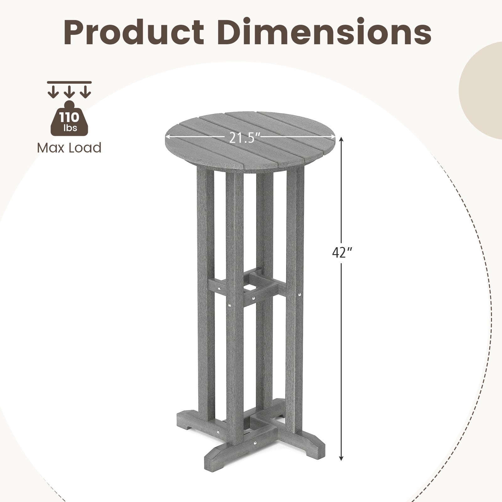 21.5 Inch Round Bar Table Patio HDPE Bar Height Dining Table with Slatted Tabletop, Gray Patio Bar Furniture at Gallery Canada