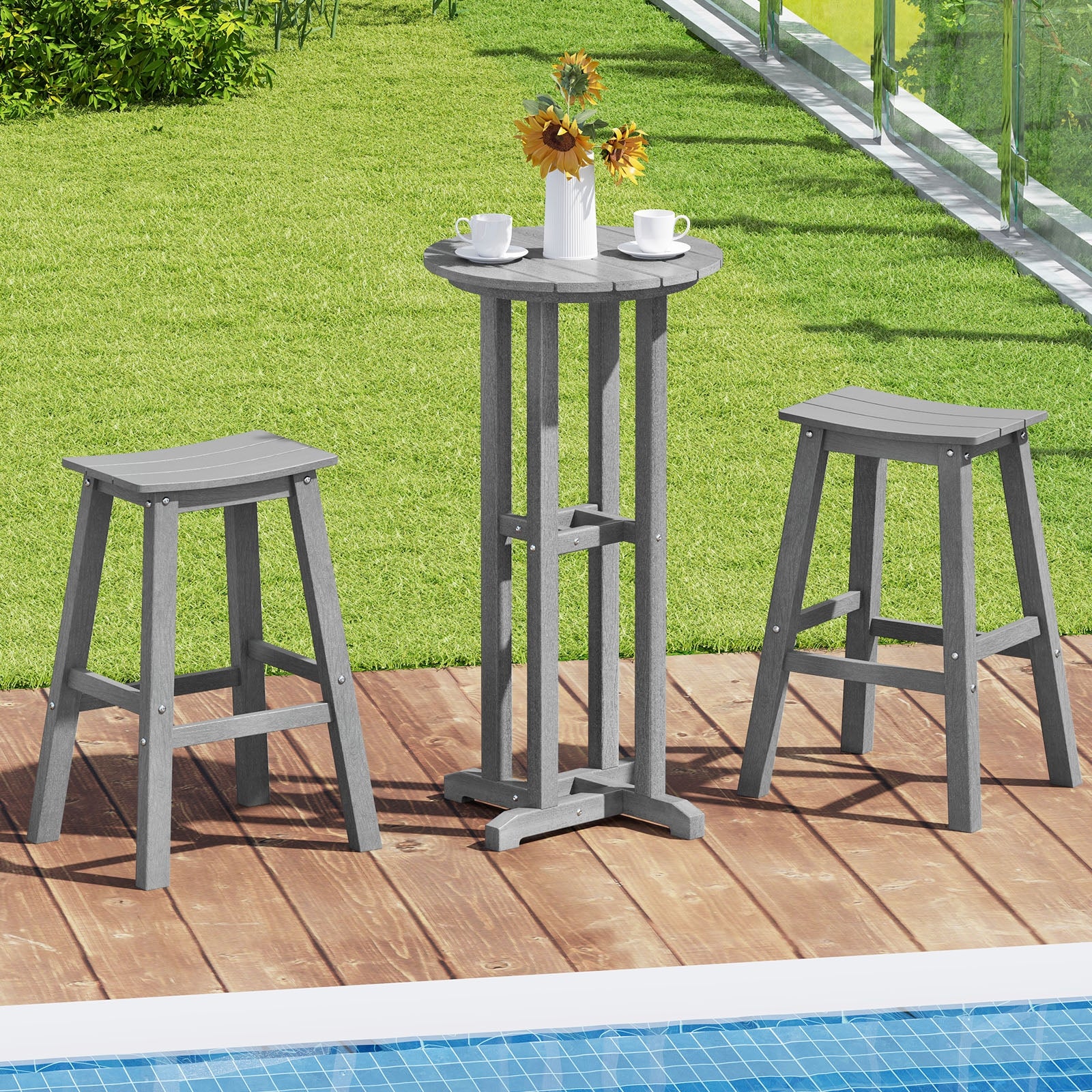 21.5 Inch Round Bar Table Patio HDPE Bar Height Dining Table with Slatted Tabletop, Gray Patio Bar Furniture at Gallery Canada