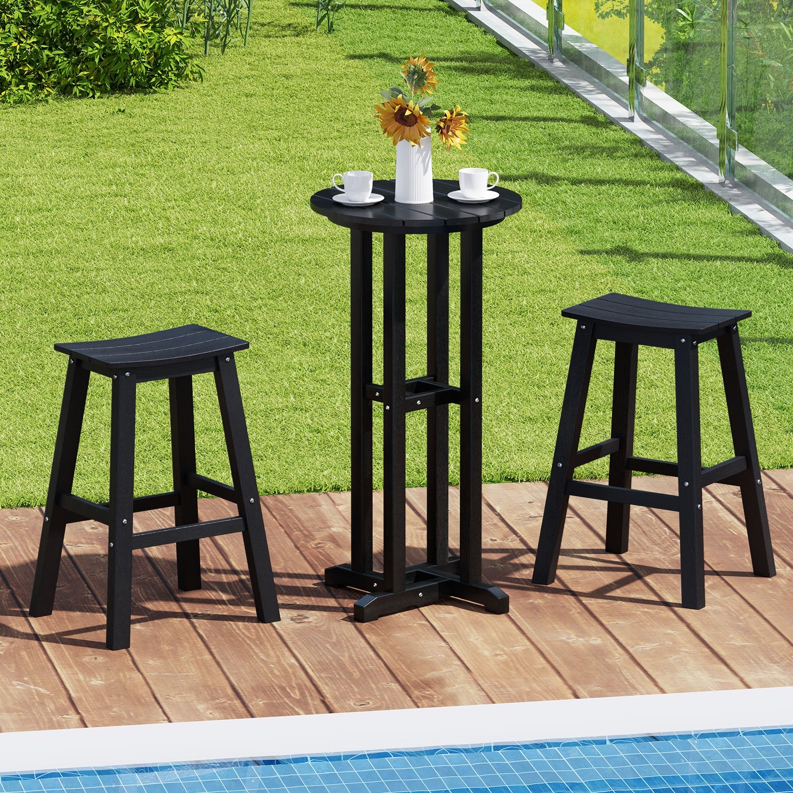 21.5 Inch Round Bar Table Patio HDPE Bar Height Dining Table with Slatted Tabletop, Black Patio Bar Furniture at Gallery Canada