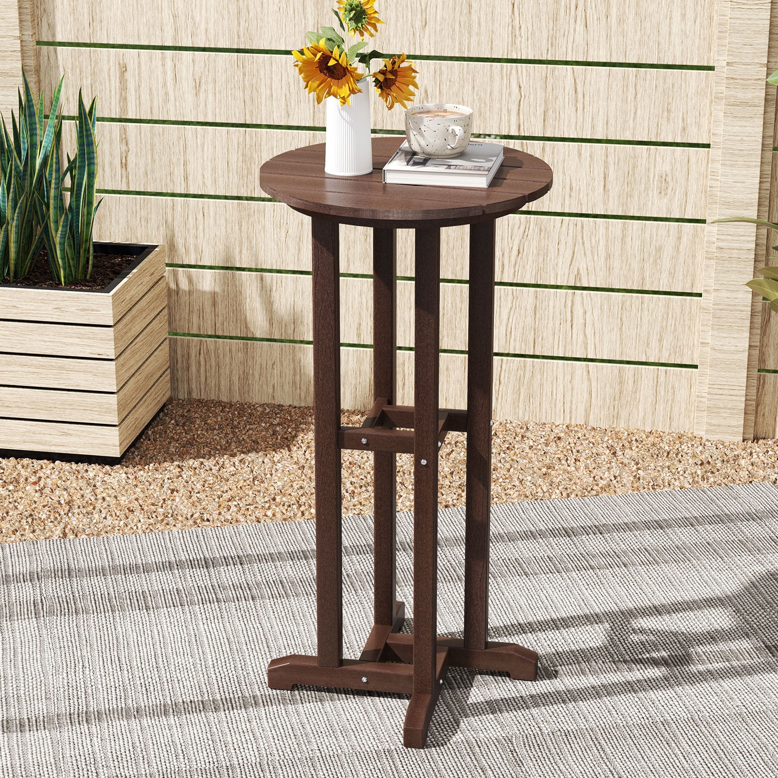 21.5 Inch Round Bar Table Patio HDPE Bar Height Dining Table with Slatted Tabletop, Brown Patio Bar Furniture at Gallery Canada